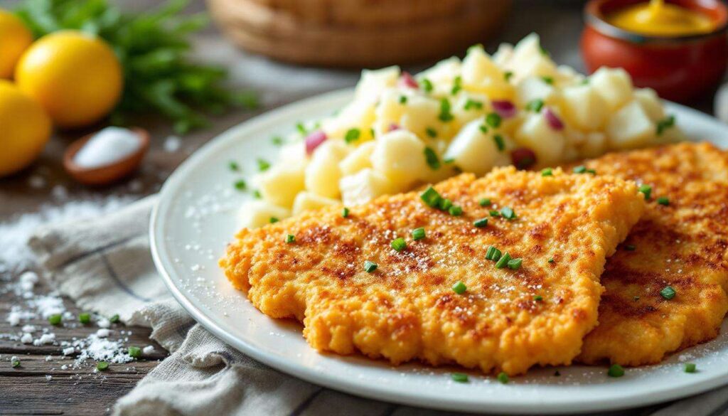 Klassisches Wiener Schnitzel mit Kartoffelsalat – so wird die Panade schön luftig
