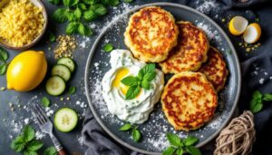 Knusprige Kartoffelplätzchen aus der Pfanne – mit frischem Zucchini-Joghurt-Dip
