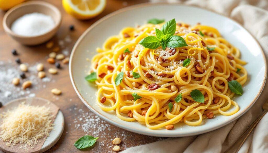 Zitronen-Pasta in 20 Minuten – mit Knoblauch, Basilikum und gerösteten Pinienkernen