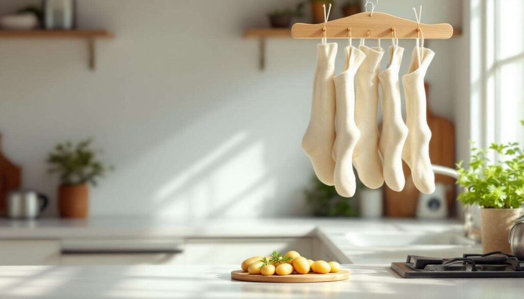 Der Schritt-für-Schritt zu Küchen-Hacks wie vertikaler Kartoffelspeicher in hängenden Socken