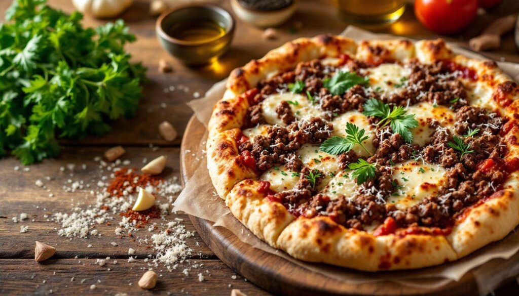 Blumenkohl-Pizza mit Hackfleisch – knuspriger Boden, würziges Topping, leichtes Abendessen
