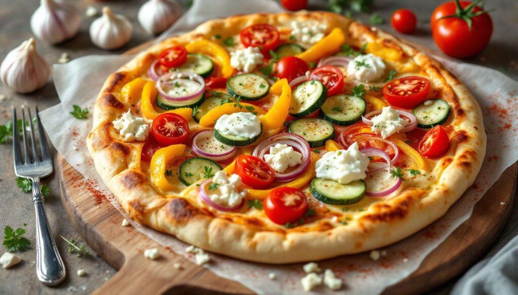 Bunter Gemüse-Flammkuchen mit Dinkelteig – knusprig, leicht und schnell gemacht