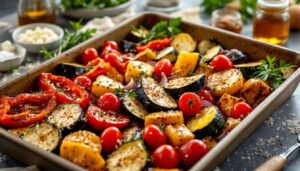 Würziges Ofengemüse vom Blech – mit Kräuter-Vinaigrette und Parmesan