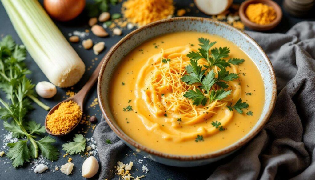 Wir lieben diese vegane Käse-Lauch-Suppe mit Hack im Veganary