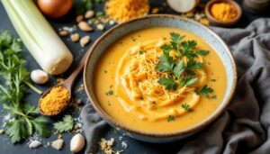 Wir lieben diese vegane Käse-Lauch-Suppe mit Hack im Veganary