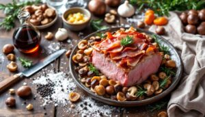 Rezept: Kalbsbraten mit Maronen, Steinpilzen und Pancetta