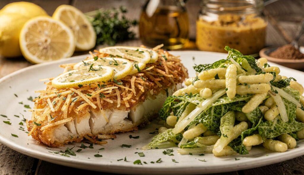 Gebratener Seelachs in Kartoffel-Kruste mit Knöpfle-Spitzkohl-Salat