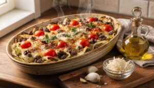 Low Carb: Spitzkohlauflauf mit Kirschtomaten und Rinderhackfleisch